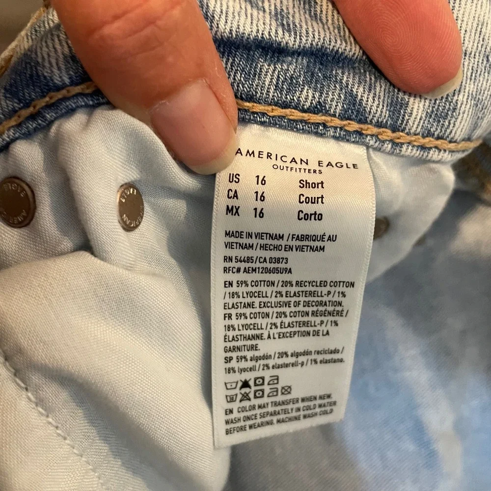 American Eagle Super High Rise Baggy Wide Leg Jeans Light Wash Distress 16 Short
